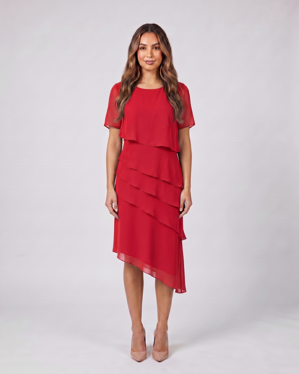 red layered ruffled flutter sleeve midi dress front view