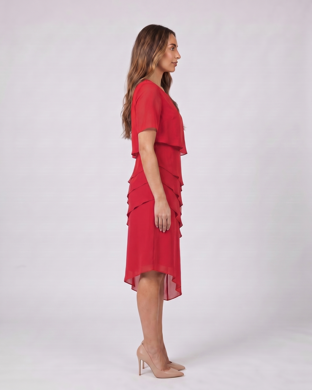 Side view of red layered ruffled flutter sleeve midi dress