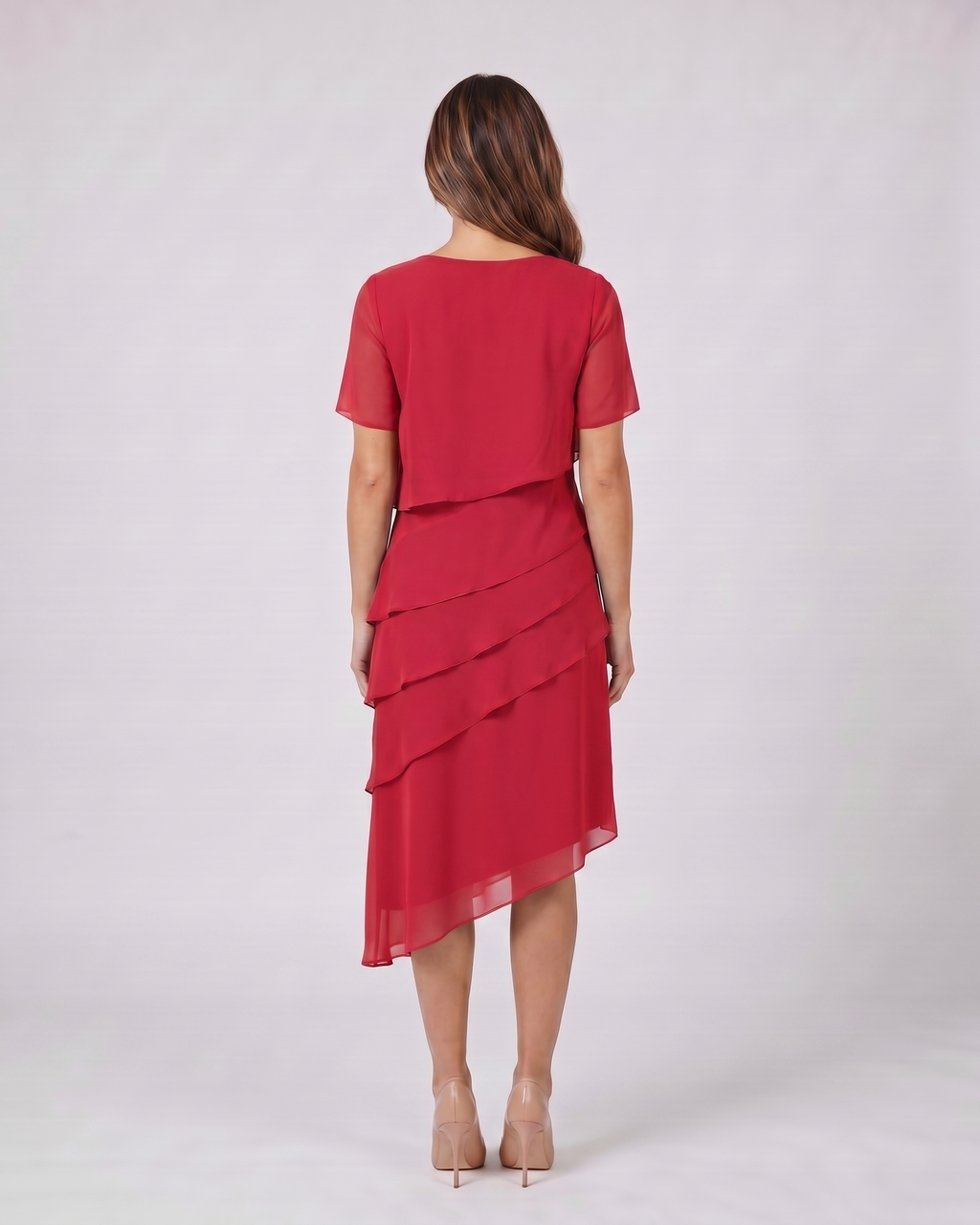Back view of red layered ruffled flutter sleeve midi dress showing solid back