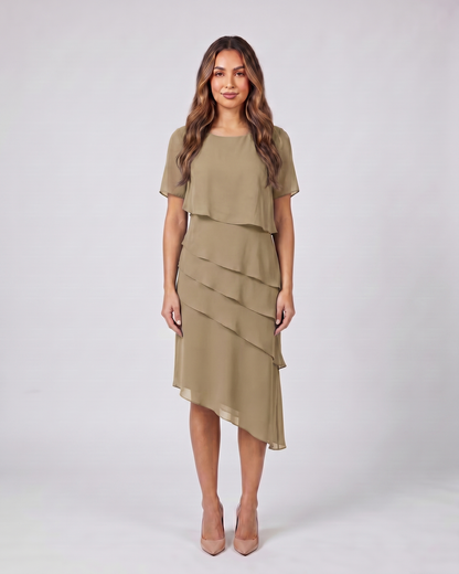 khaki layered ruffled flutter sleeve midi dress front view