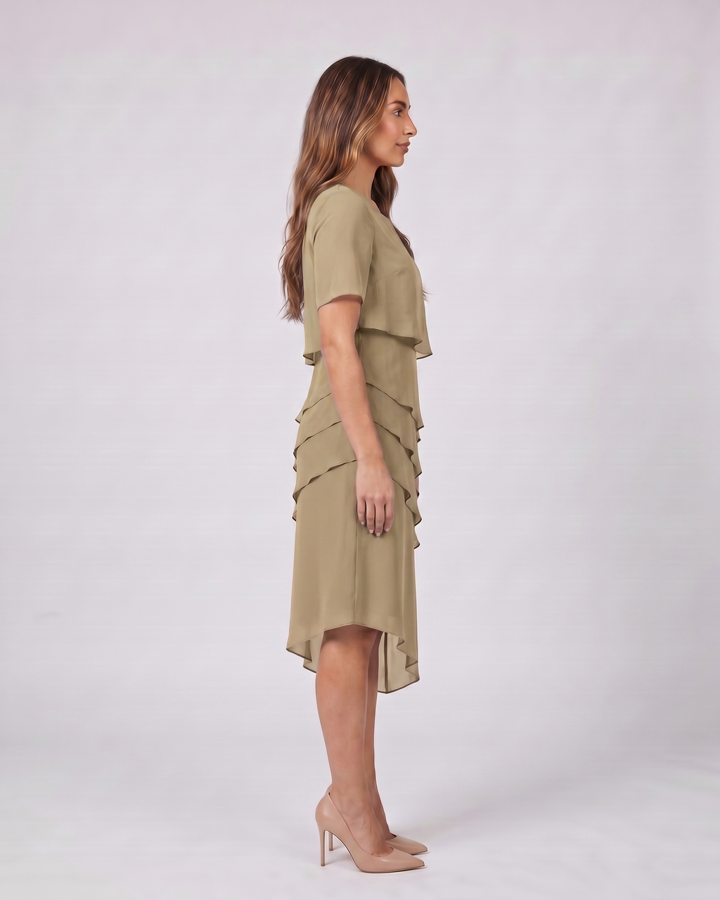 Side view of khaki layered ruffled flutter sleeve midi dress