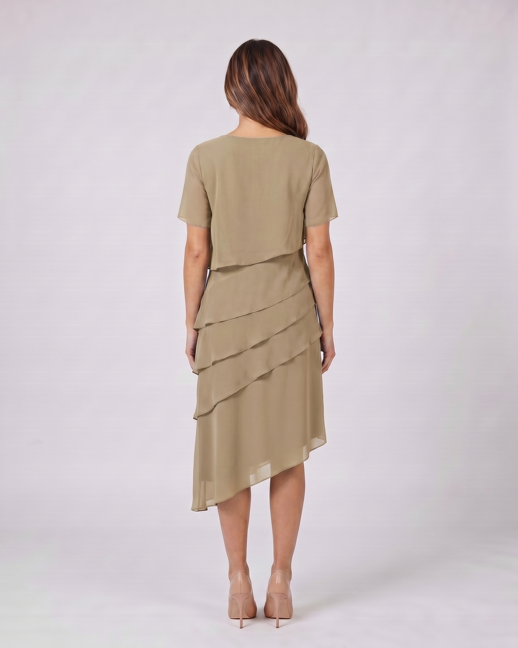 Back view of khaki layered ruffled flutter sleeve midi dress showing solid back