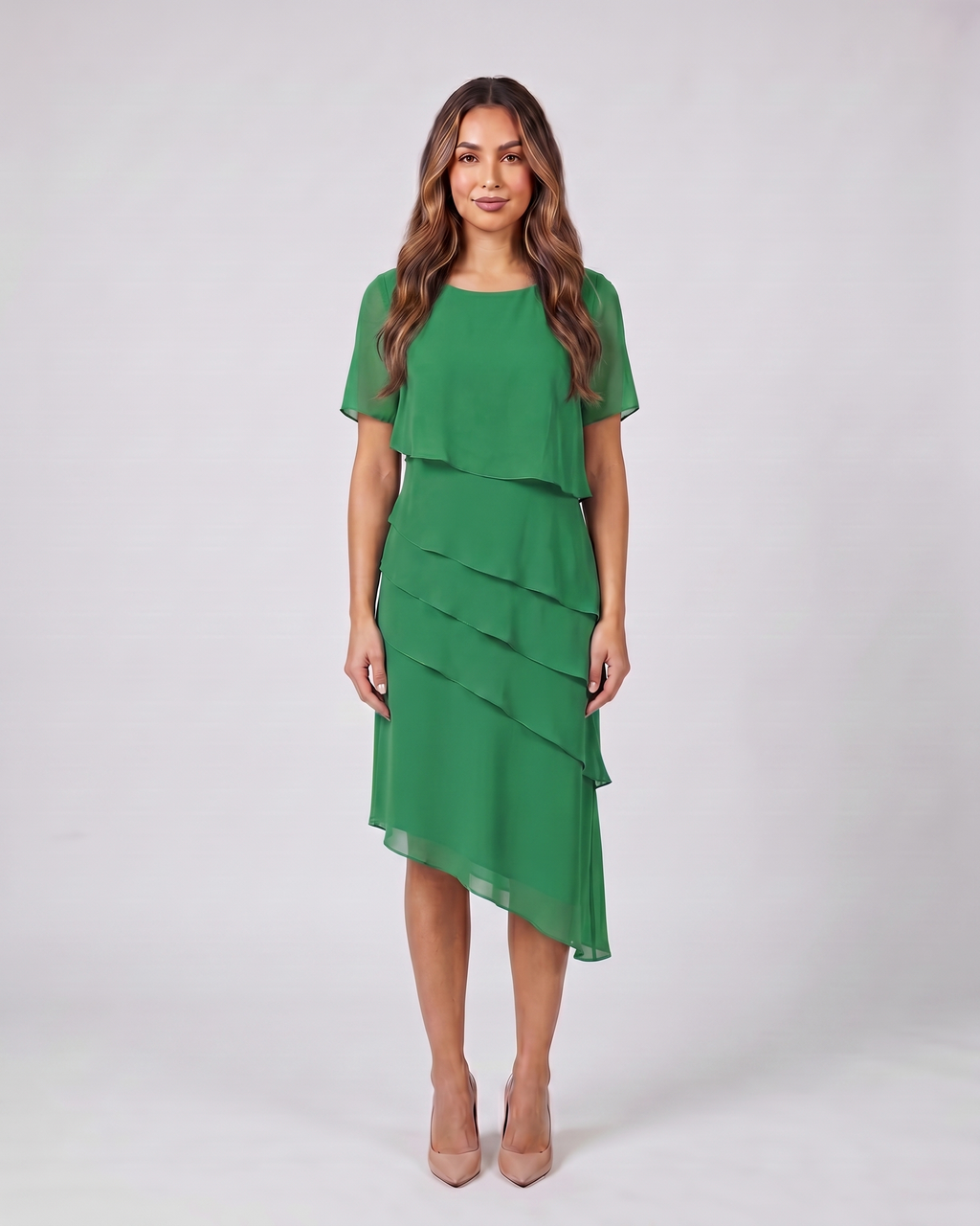 green layered ruffled flutter sleeve midi dress front view