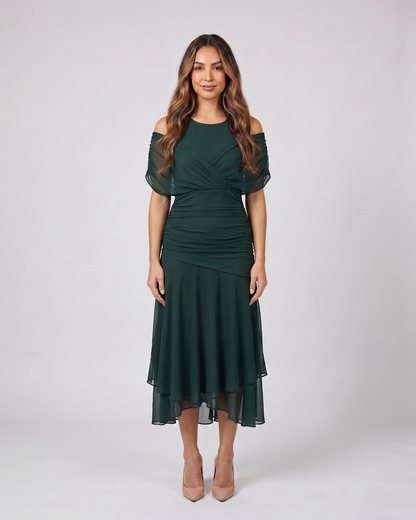 green off shoulder draped midi dress front view with abstract floral print