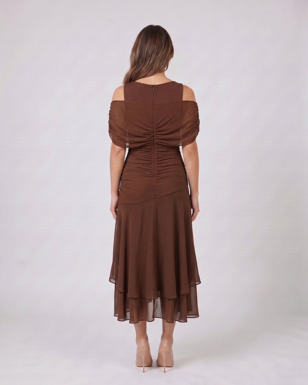 Back view of brown off shoulder draped midi dress showing solid back with ruched waist detail