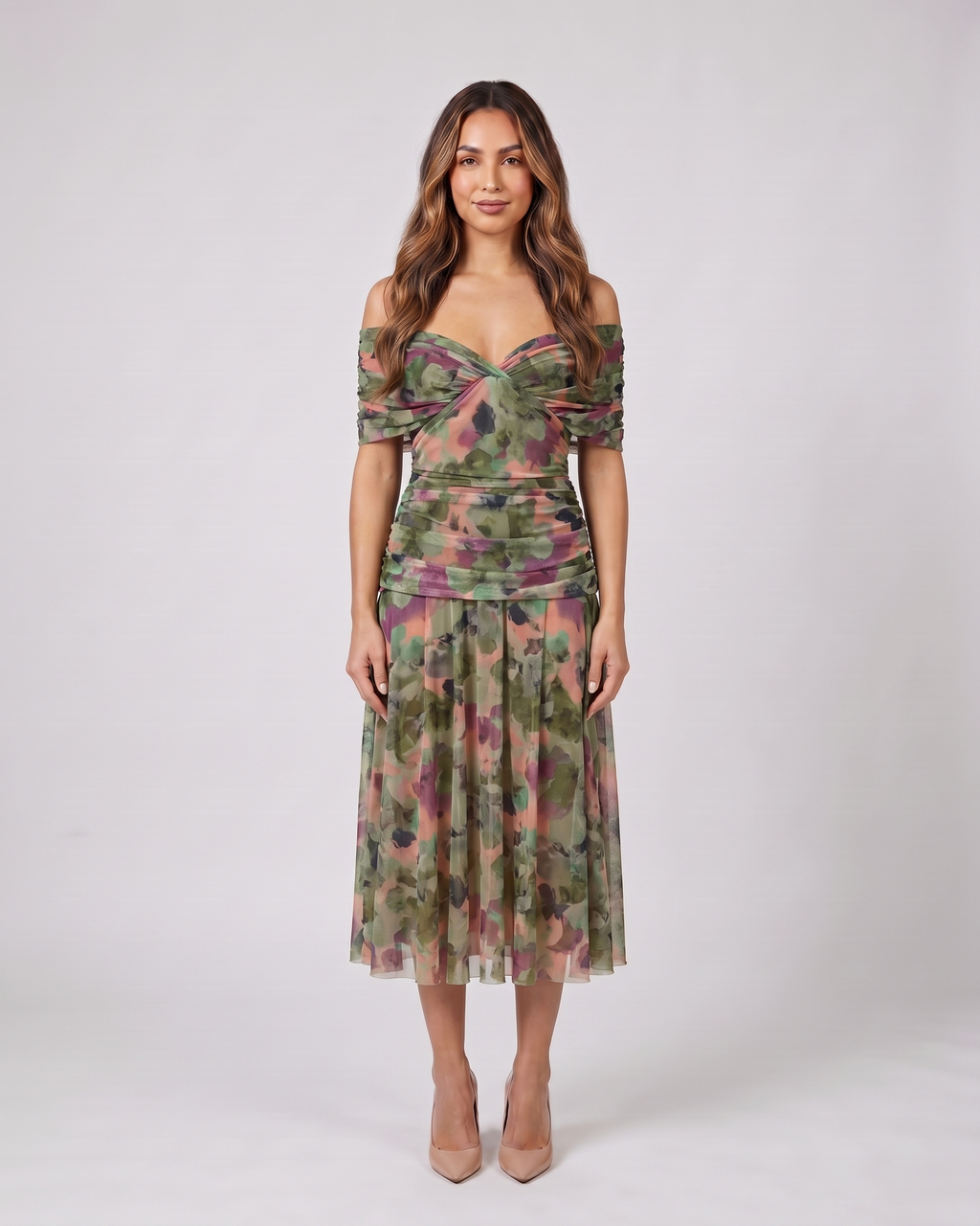 multicolor off shoulder draped midi dress front view with abstract floral print