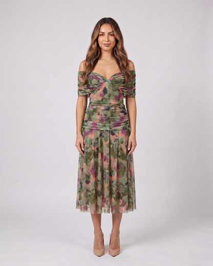multicolor off shoulder draped midi dress front view with abstract floral print