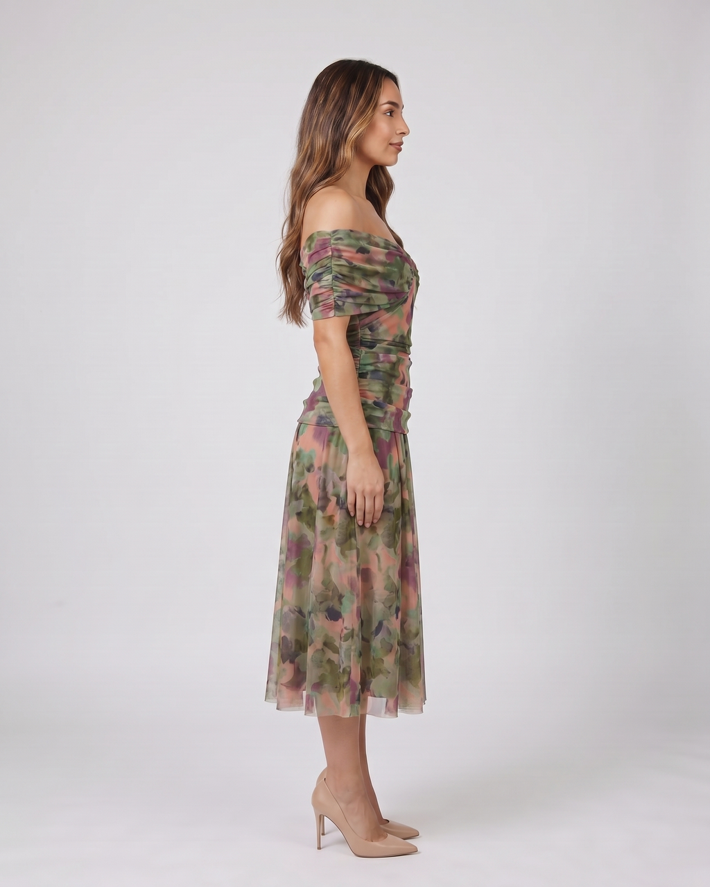 Side view of multicolor off shoulder draped midi dress
