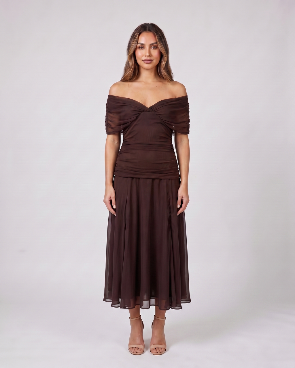 brown off shoulder ruched midi dress front view with abstract watercolor floral