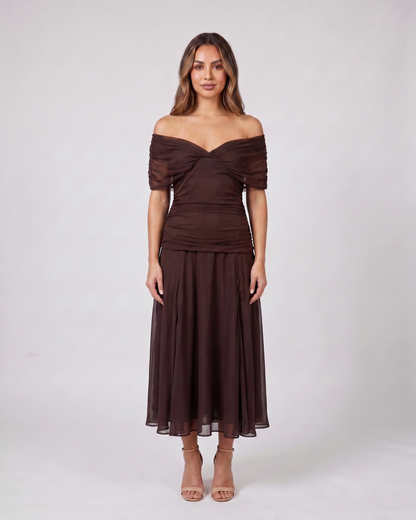 brown off shoulder ruched midi dress front view with abstract watercolor floral
