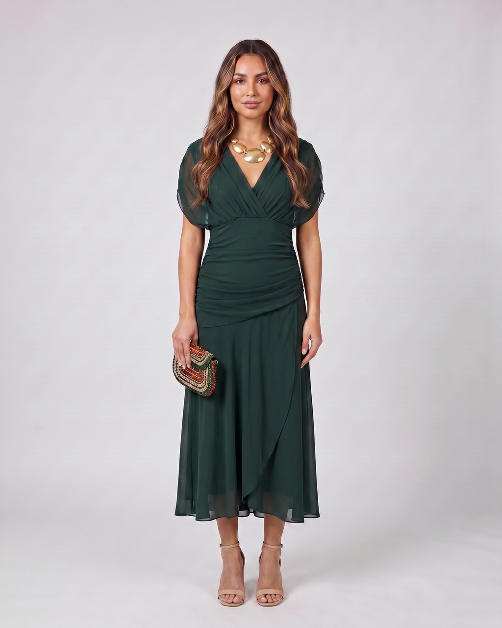 green off shoulder ruched midi dress front view with abstract watercolor floral