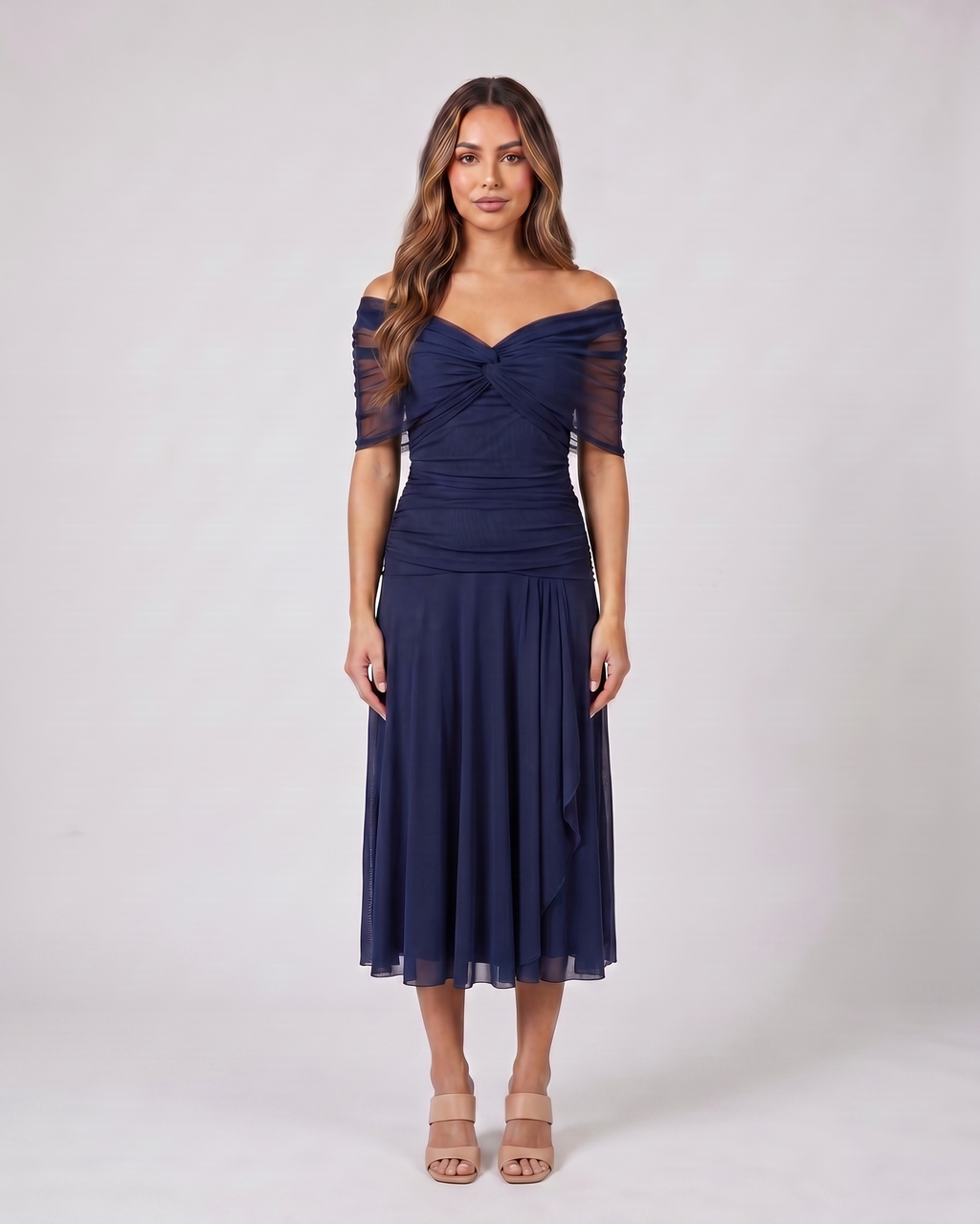 blue off shoulder ruched midi dress front view with abstract watercolor floral