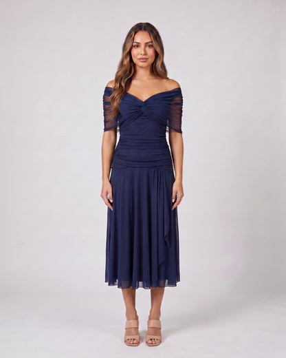 blue off shoulder ruched midi dress front view with abstract watercolor floral