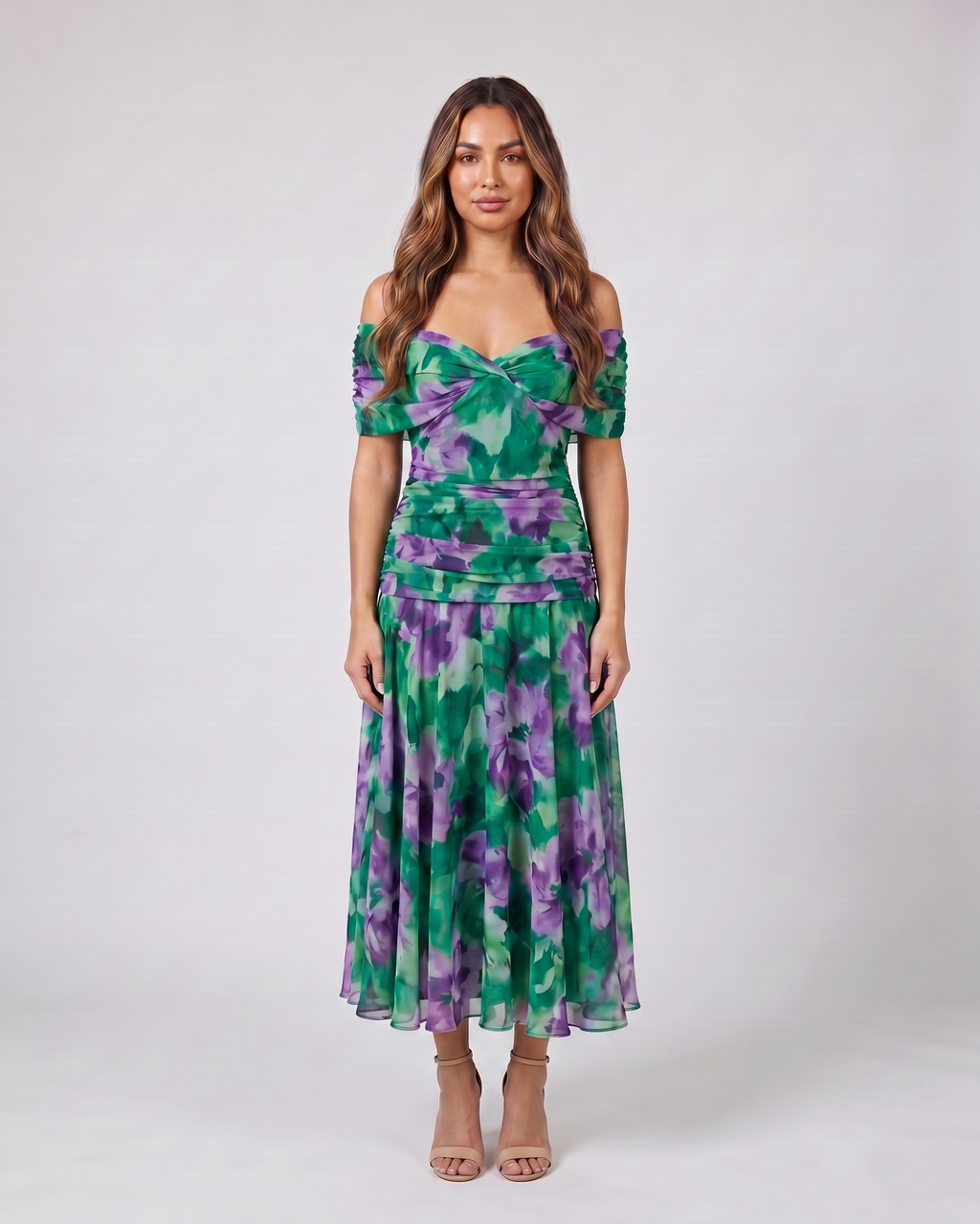 green and purple off shoulder ruched midi dress front view with abstract watercolor floral
