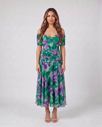 green and purple off shoulder ruched midi dress front view with abstract watercolor floral