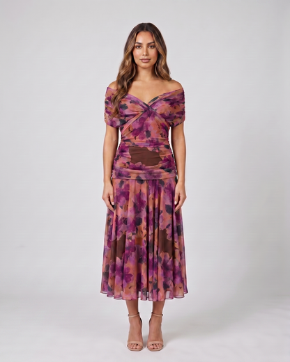 purple off shoulder ruched midi dress front view with abstract watercolor floral