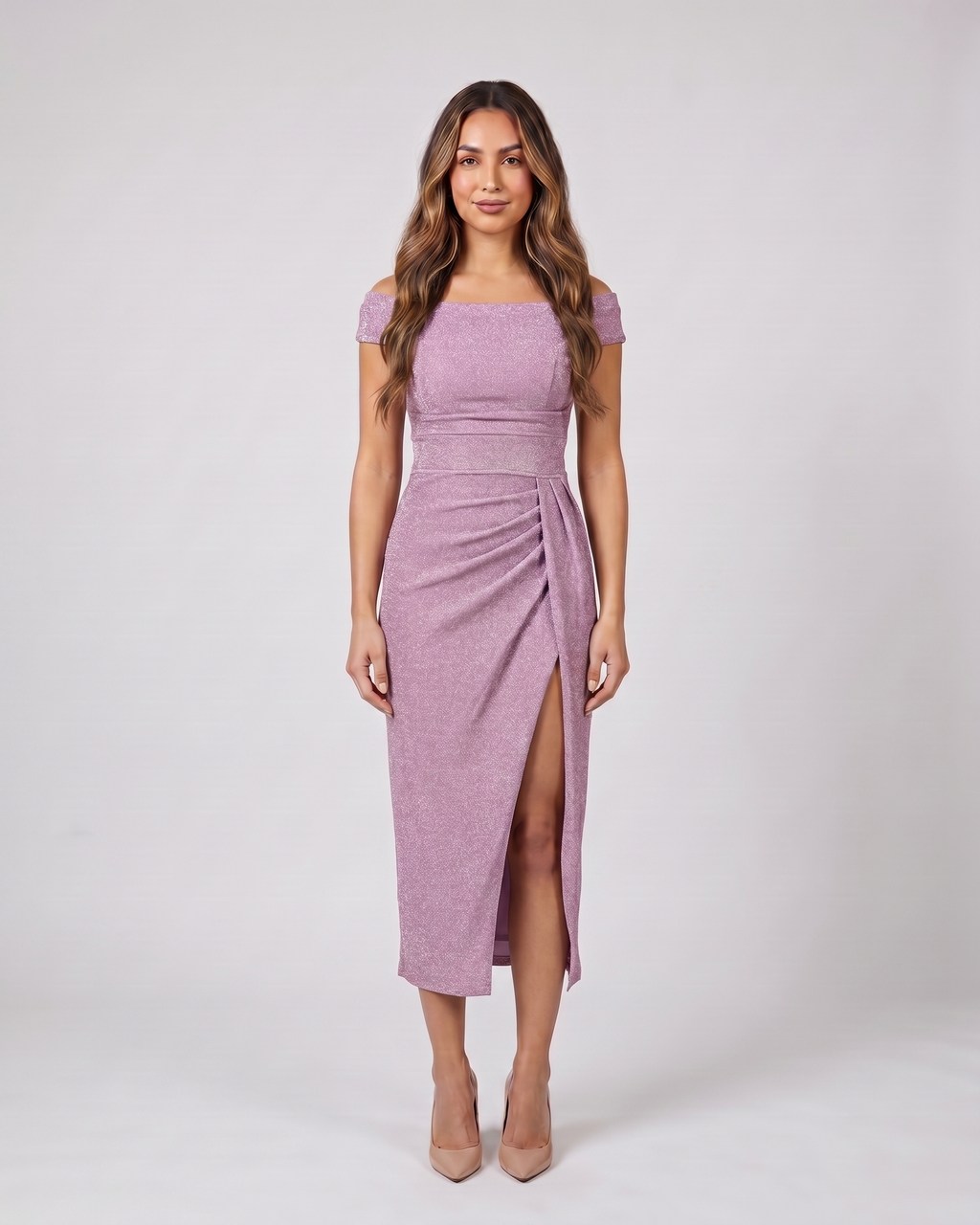 lila off shoulder wrap with slit midi dress front view