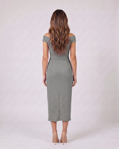 Back view of grey off shoulder wrap with slit midi dress showing solid back