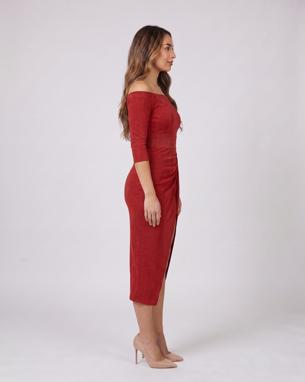 Side view of red off shoulder wrap with slit midi dress