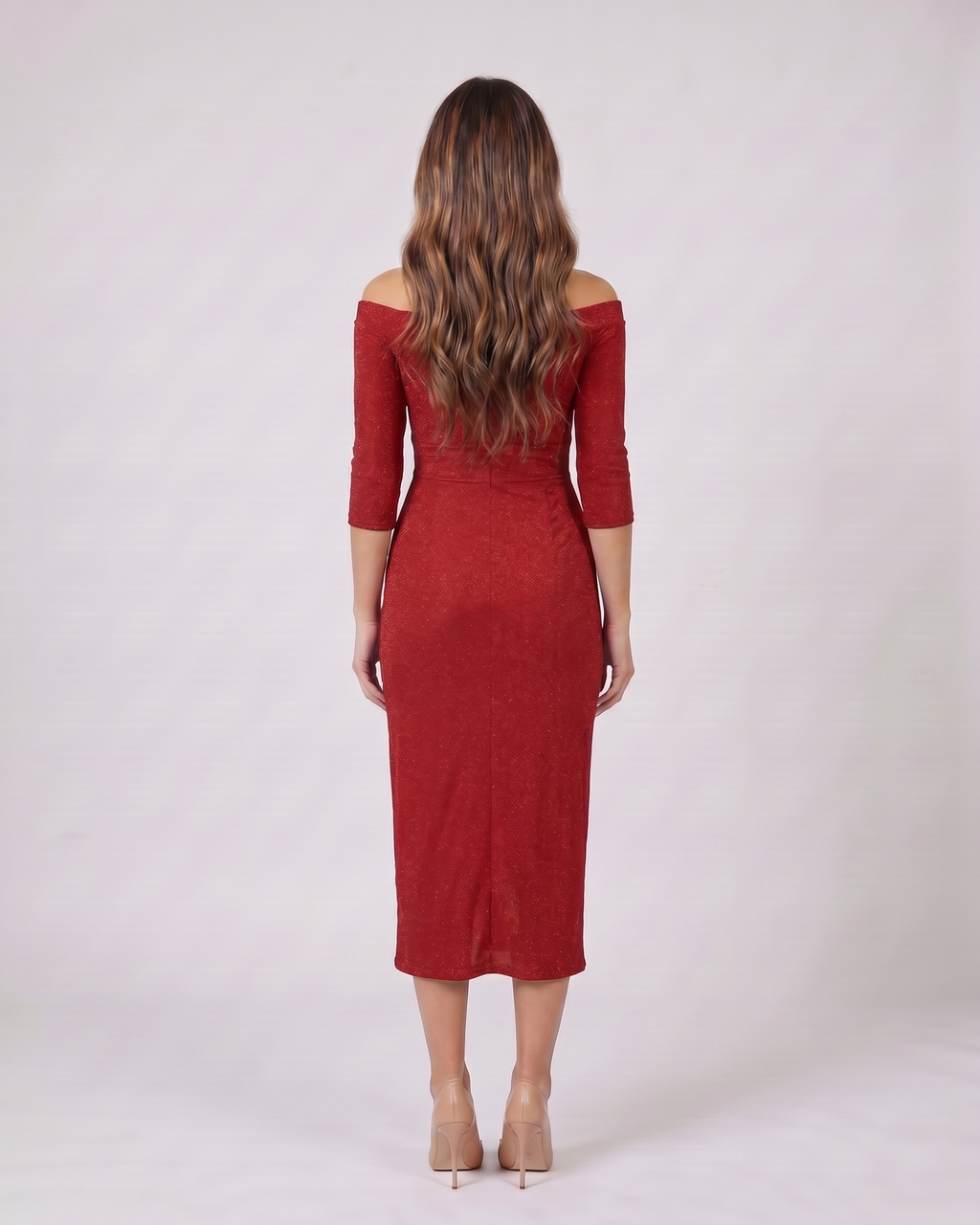 Back view of red off shoulder wrap with slit midi dress showing solid back