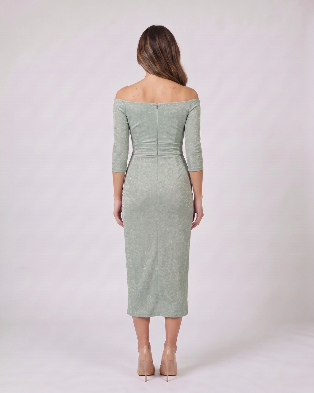 Back view of green off shoulder wrap with slit midi dress showing solid back