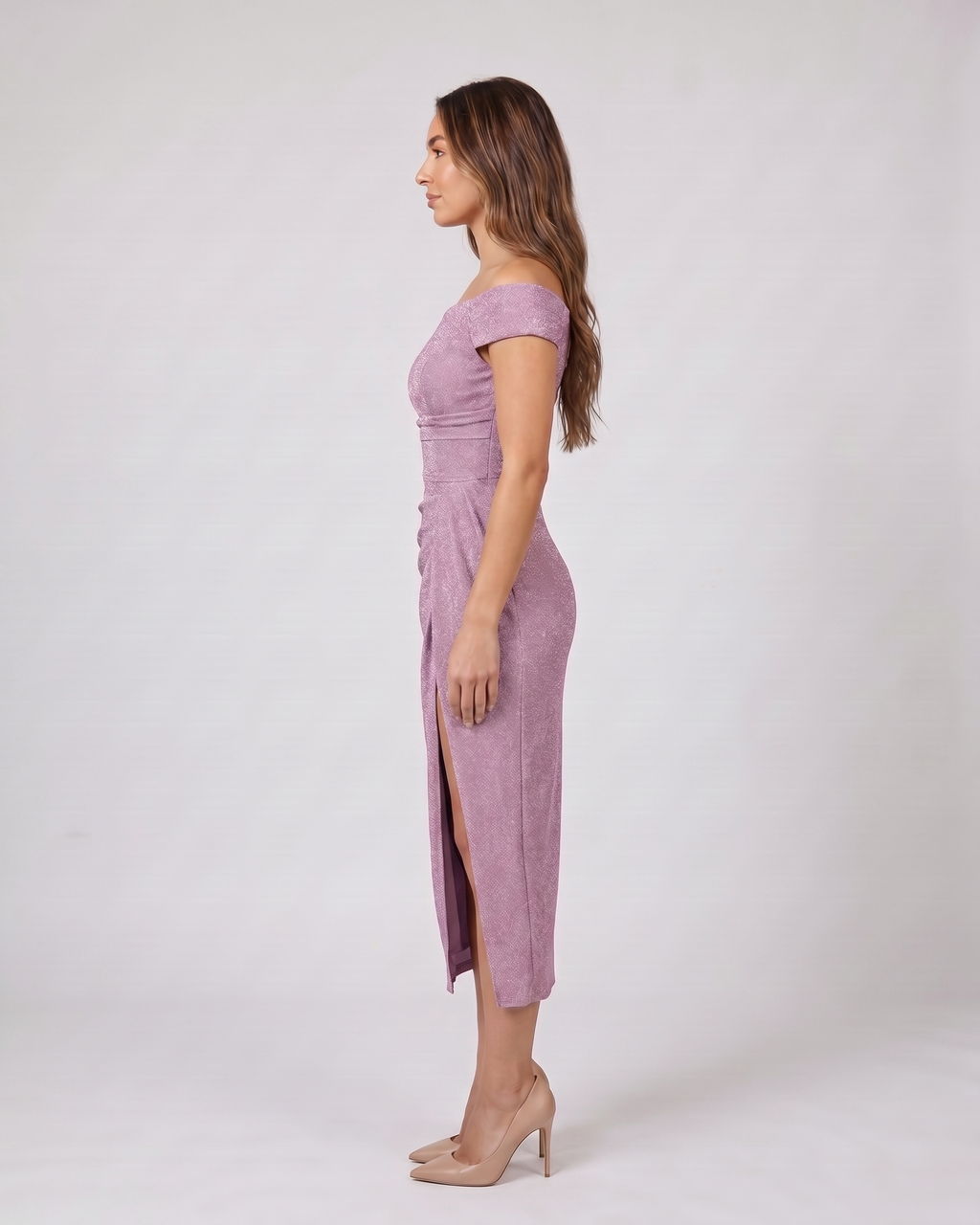 Side view of lila off shoulder wrap with slit midi dress