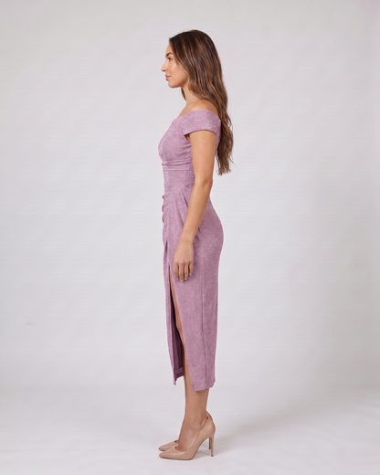 Side view of lila off shoulder wrap with slit midi dress