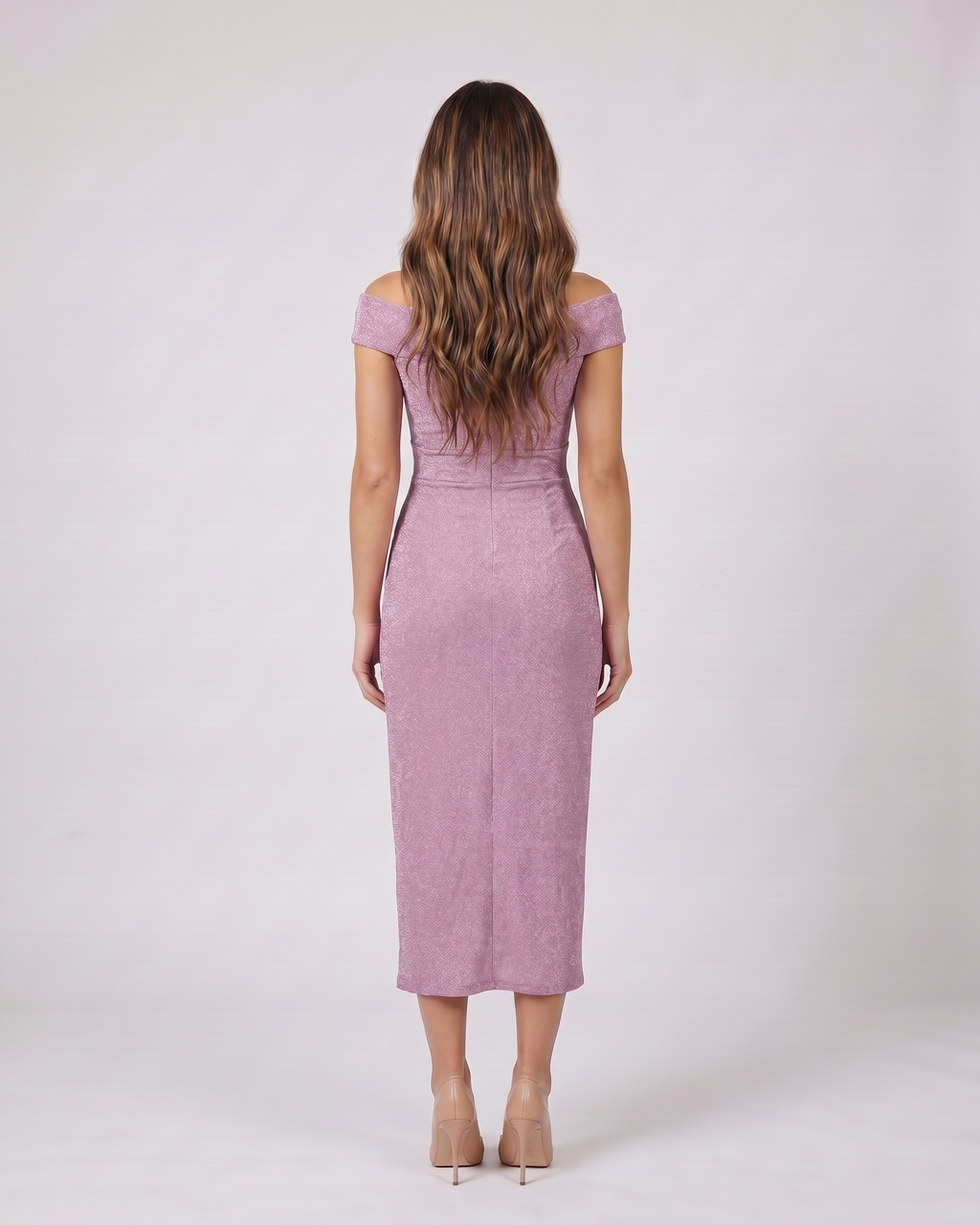 Back view of lila off shoulder wrap with slit midi dress showing solid back
