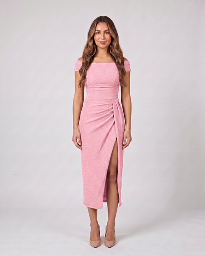 pink off shoulder wrap with slit midi dress front view