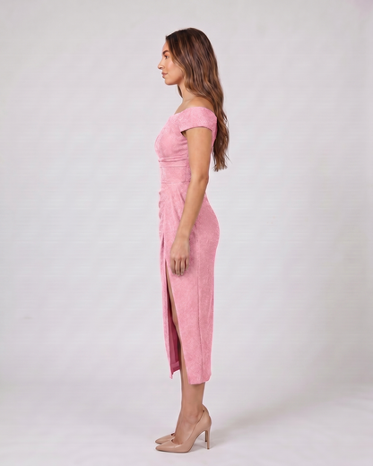 Side view of pink off shoulder wrap with slit midi dress