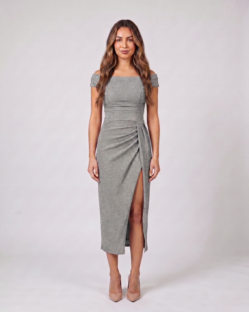 grey off shoulder wrap with slit midi dress front view