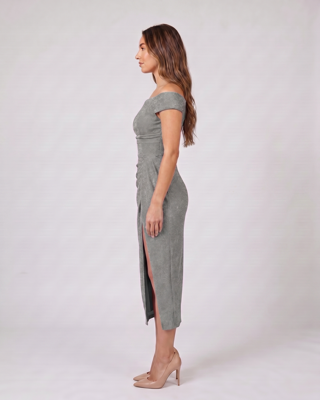 Side view of grey off shoulder wrap with slit midi dress
