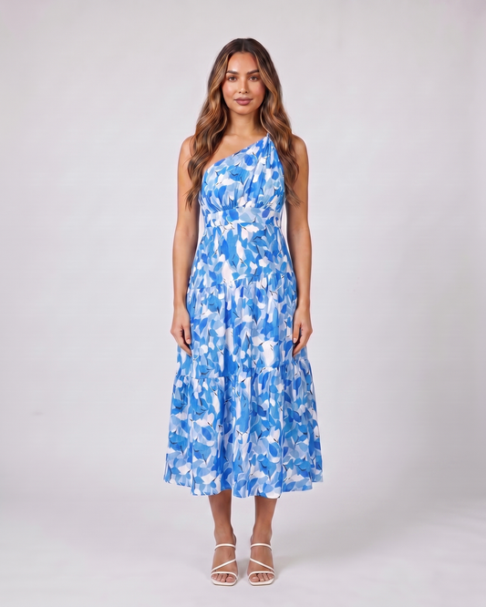 blue floral one shoulder floral tiered midi dress front view with Abstract floral and leaf print