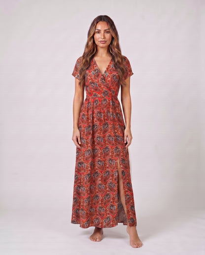 red women paisley v neck short sleeve maxi dress front view with paisley
