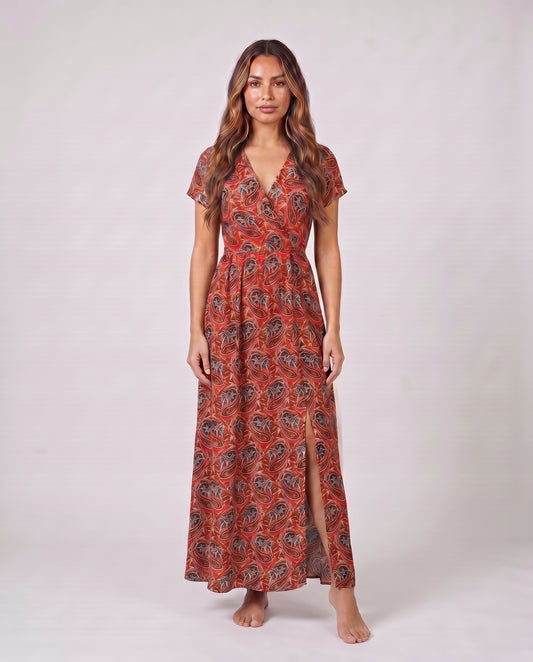 red women paisley v neck short sleeve maxi dress front view with paisley