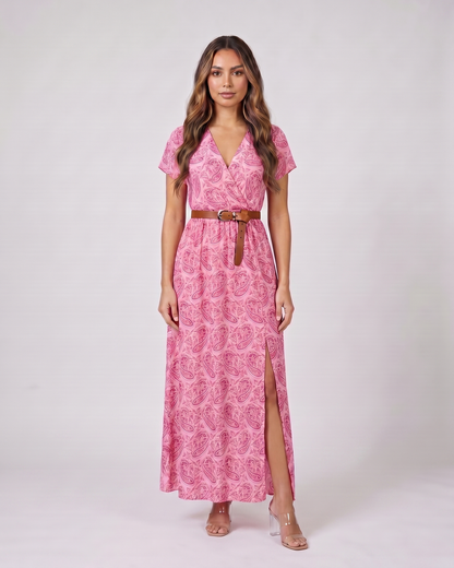 pink paisley v neck short sleeve maxi dress front view with paisley print
