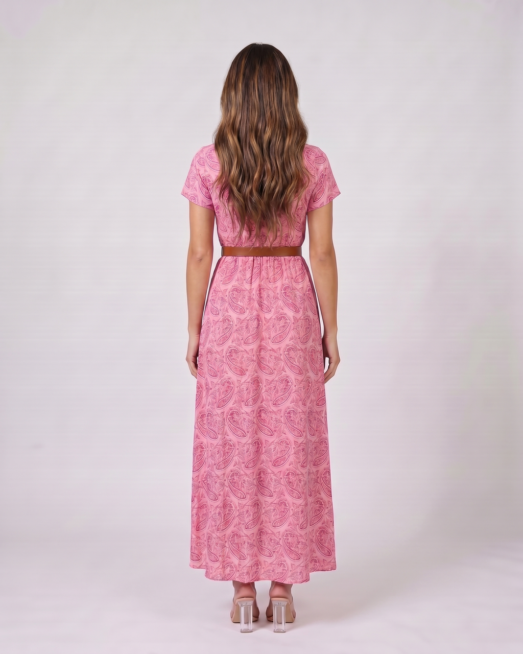 Back view of pink paisley v neck short sleeve maxi dress showing solid back