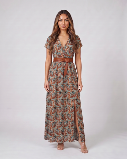 brown paisley v neck short sleeve maxi dress front view with paisley print