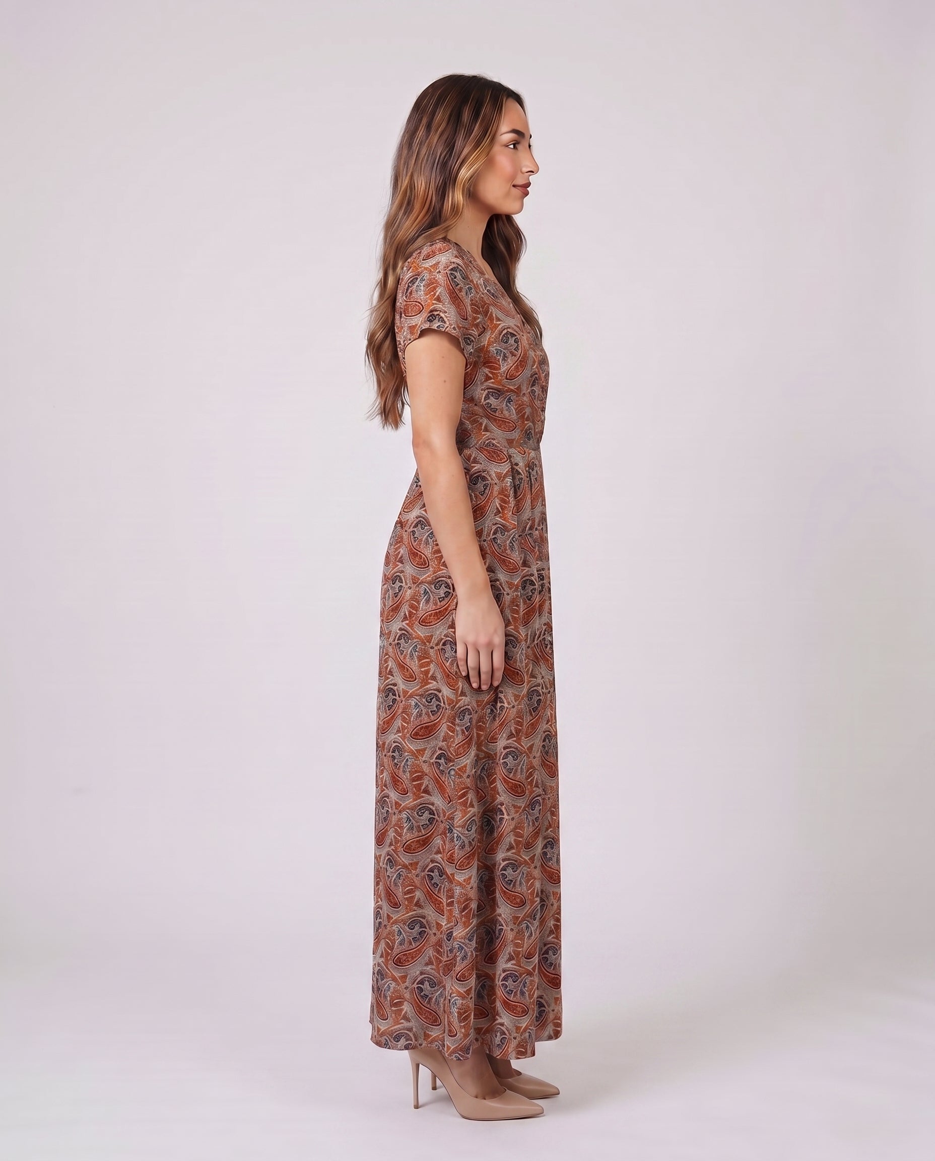 red women paisley v neck short sleeve maxi dress side view