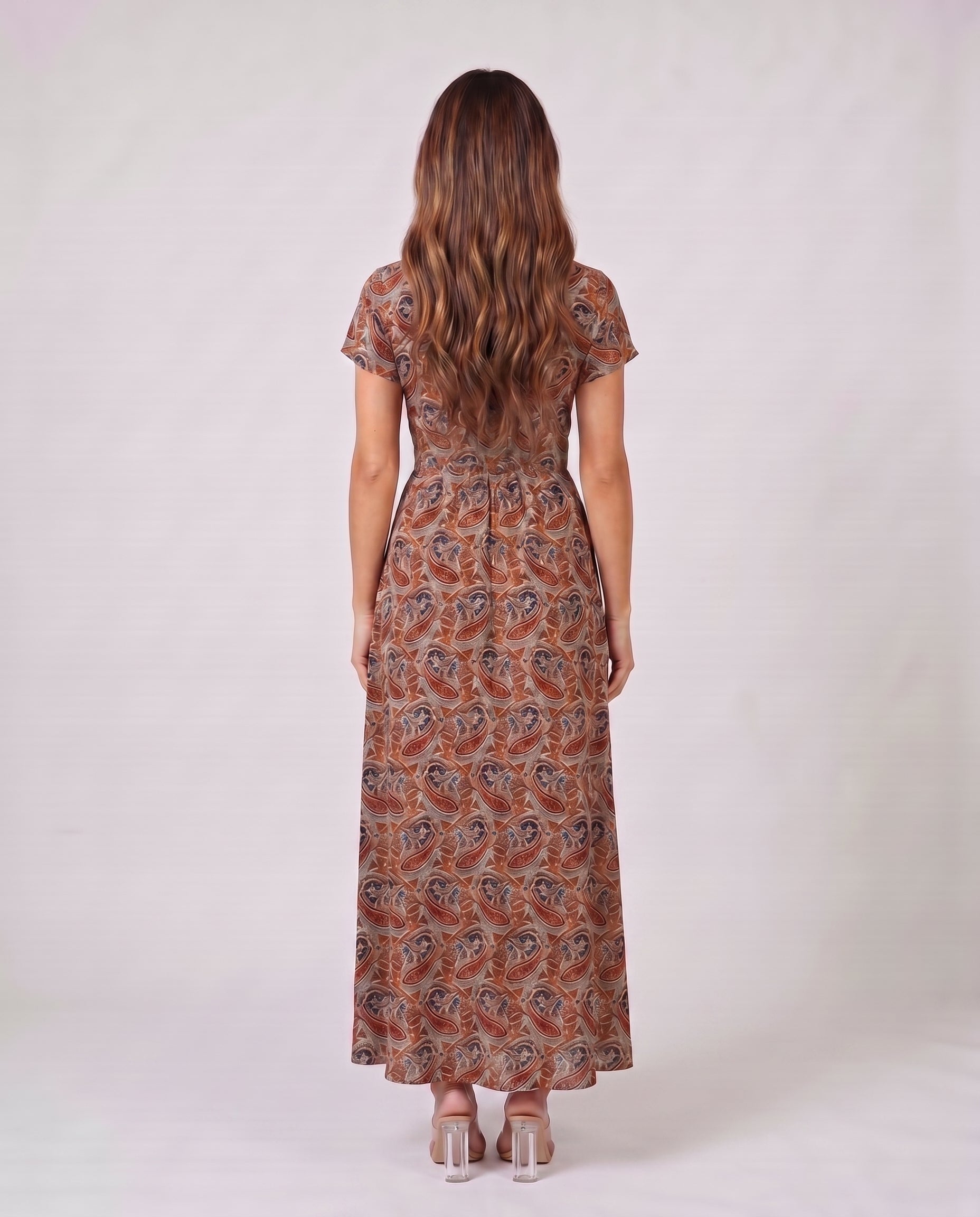 red women paisley v neck short sleeve maxi dress back view showing solid