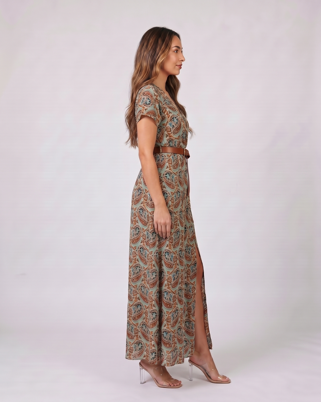 Side view of blue paisley v neck short sleeve maxi dress