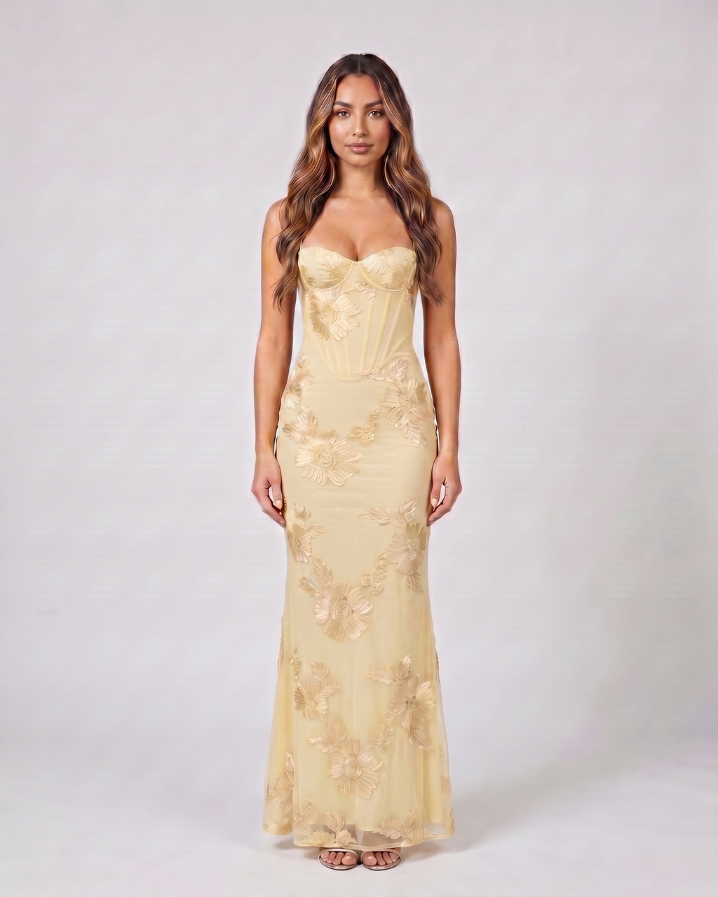 yellow prom sweetheart floral appliqué maxi dress front view with floral appliques and sunflower appliques