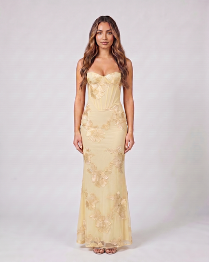 yellow prom sweetheart floral appliqué maxi dress front view with floral appliques and sunflower appliques