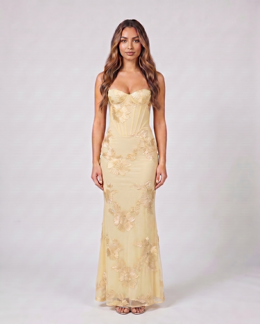 yellow prom sweetheart floral appliqué maxi dress front view with floral appliques and sunflower appliques