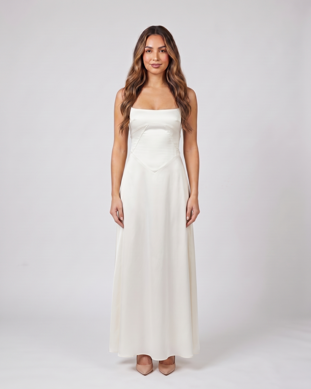 ivory satin square neck seamed maxi dress front view