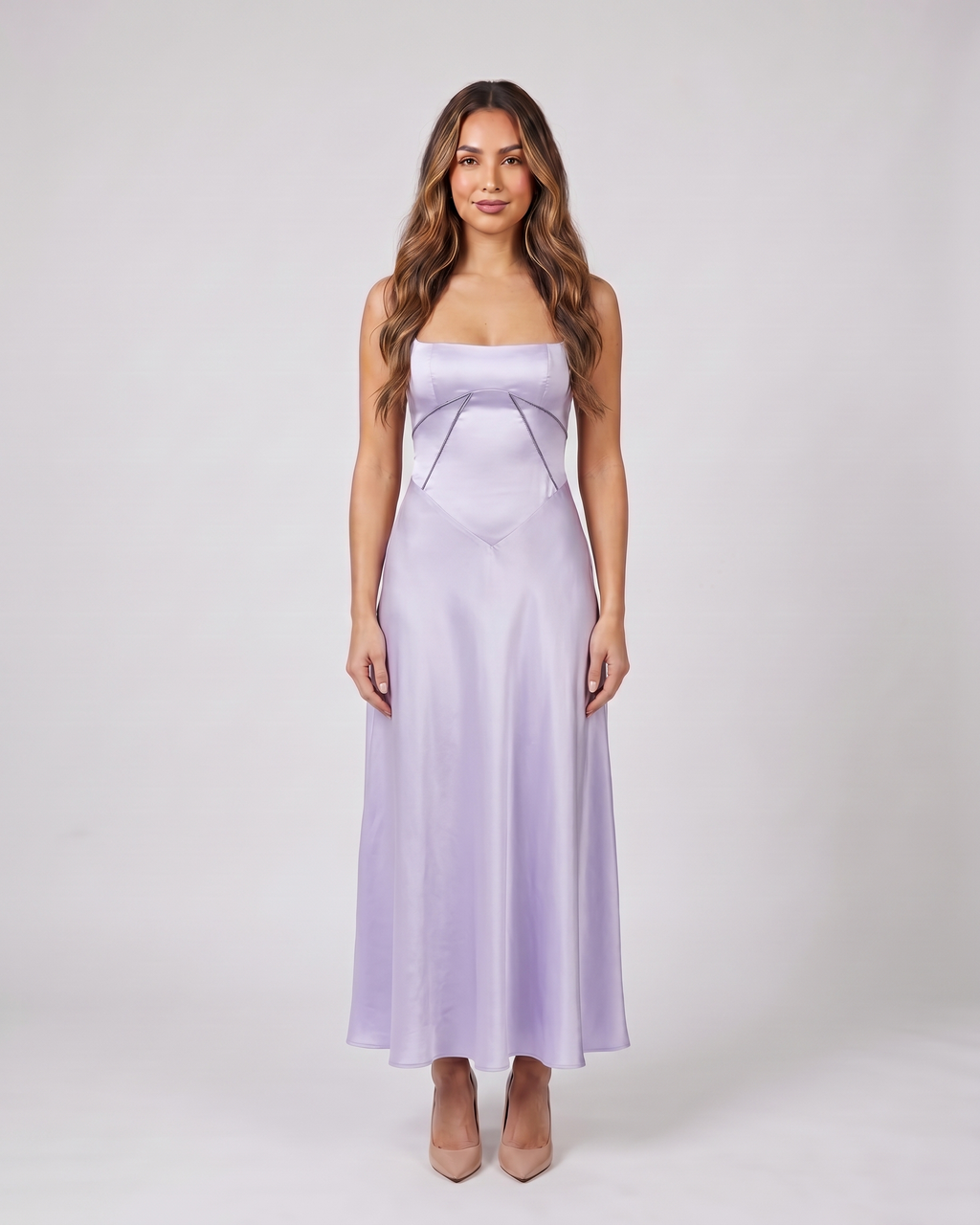 purple satin square neck seamed maxi dress front view