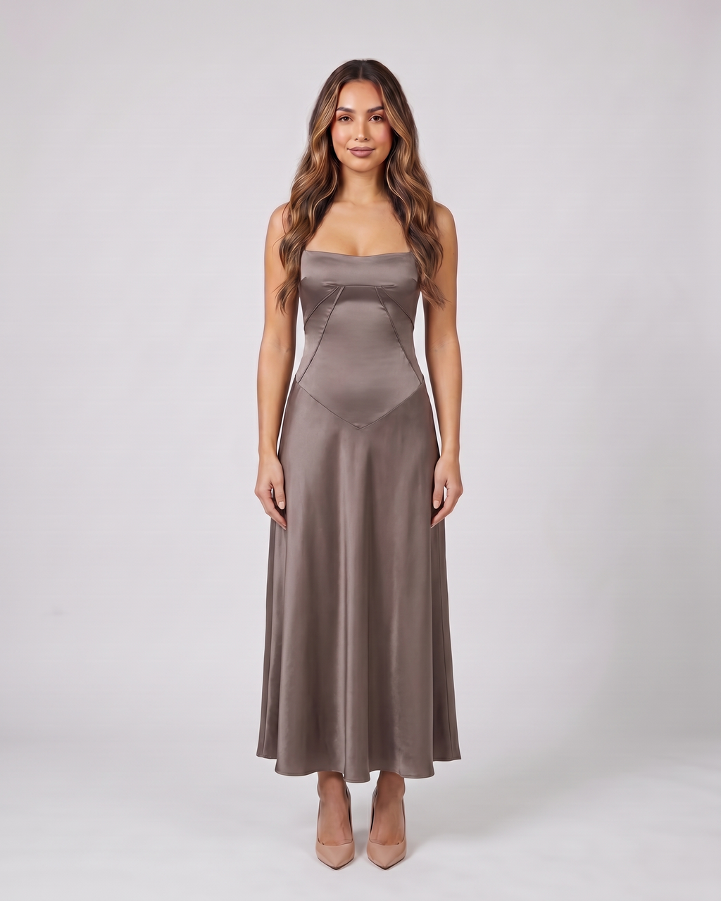 smoke grey satin square neck seamed maxi dress front view
