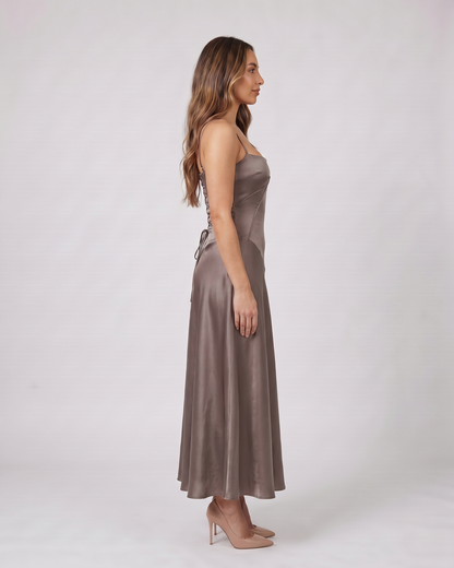 Side view of smoke grey satin square neck seamed maxi dress