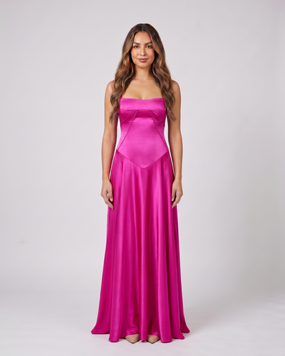 pink satin square neck seamed maxi dress front view