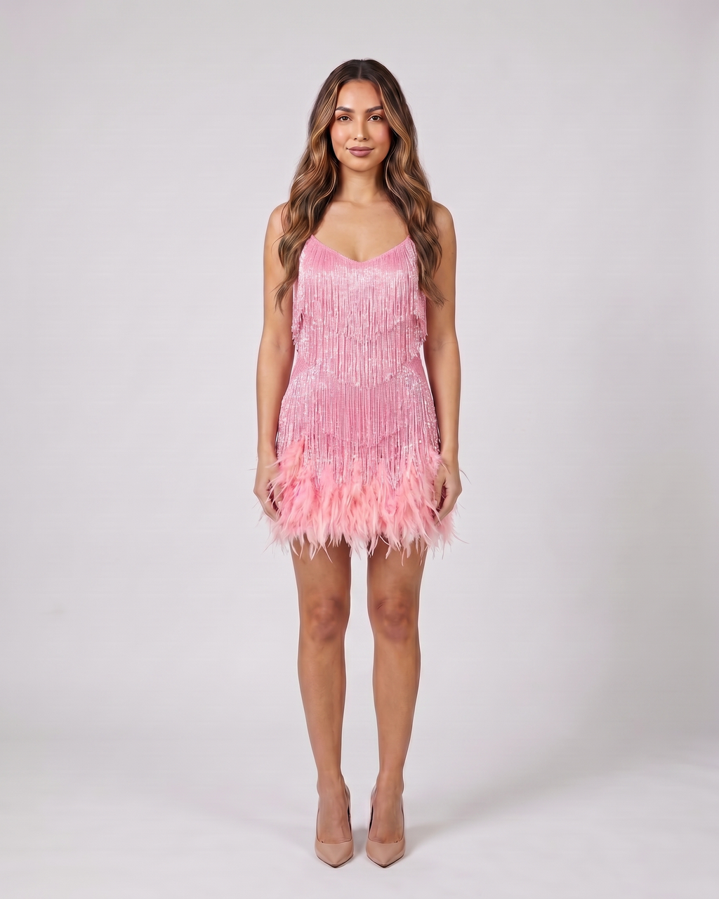 pink sequin v neck fringe mini dress front view with sequins and fringe